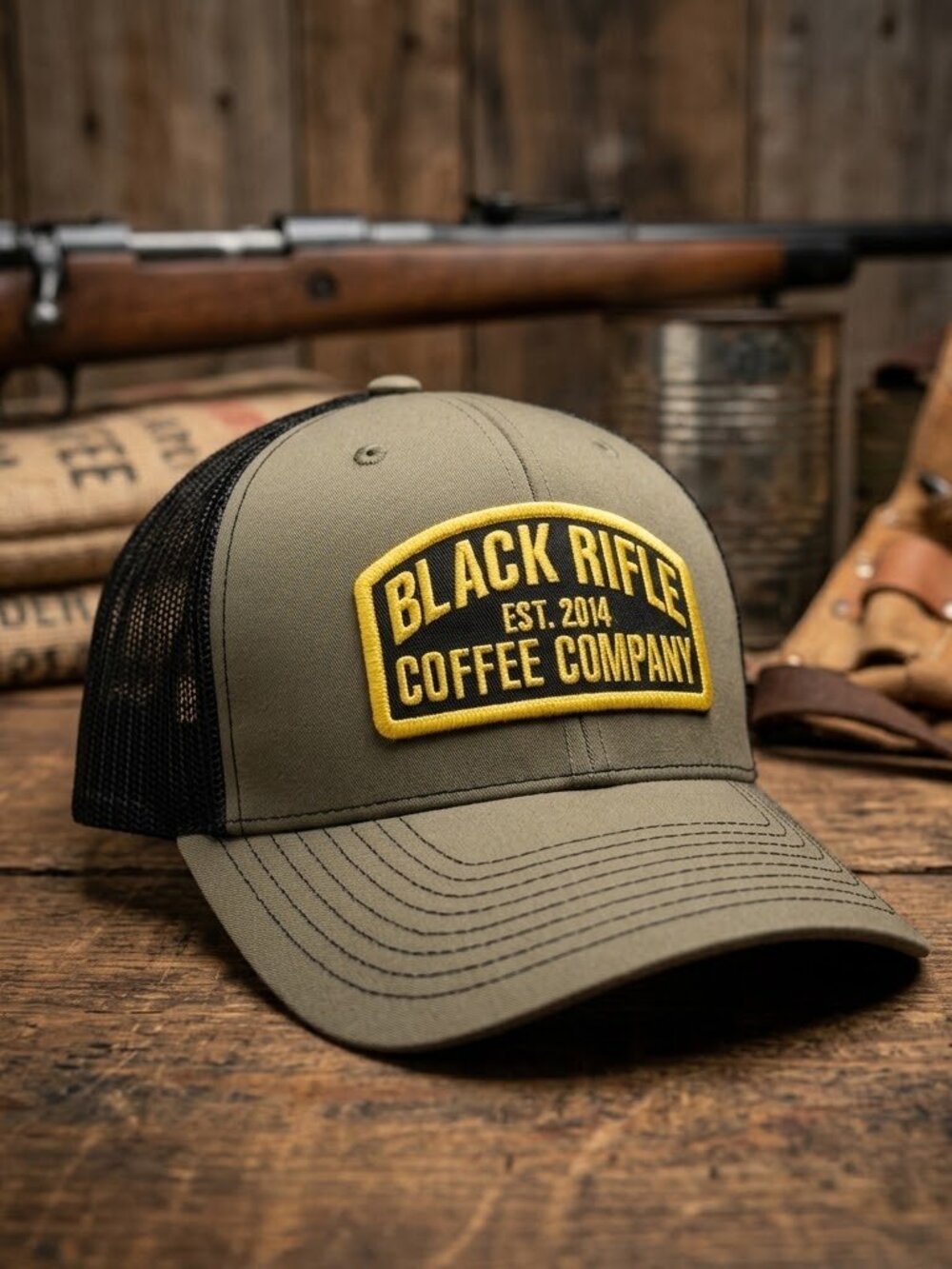 Black Rifle Coffee Company Patch Coyote Tan Black Mesh Snapback Trucker Hat BRCC